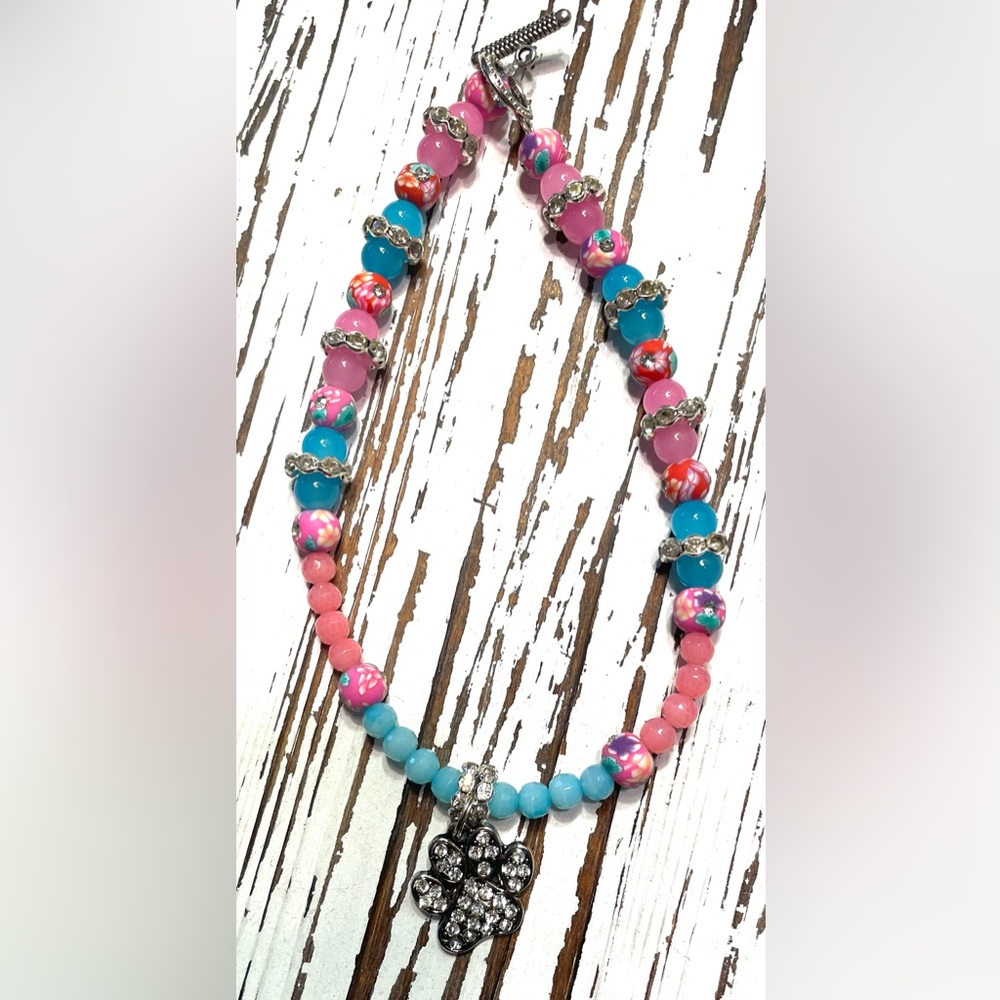 Colorful Beaded Pet Necklace with Rhinestone Paw Pendant 121/2 inches